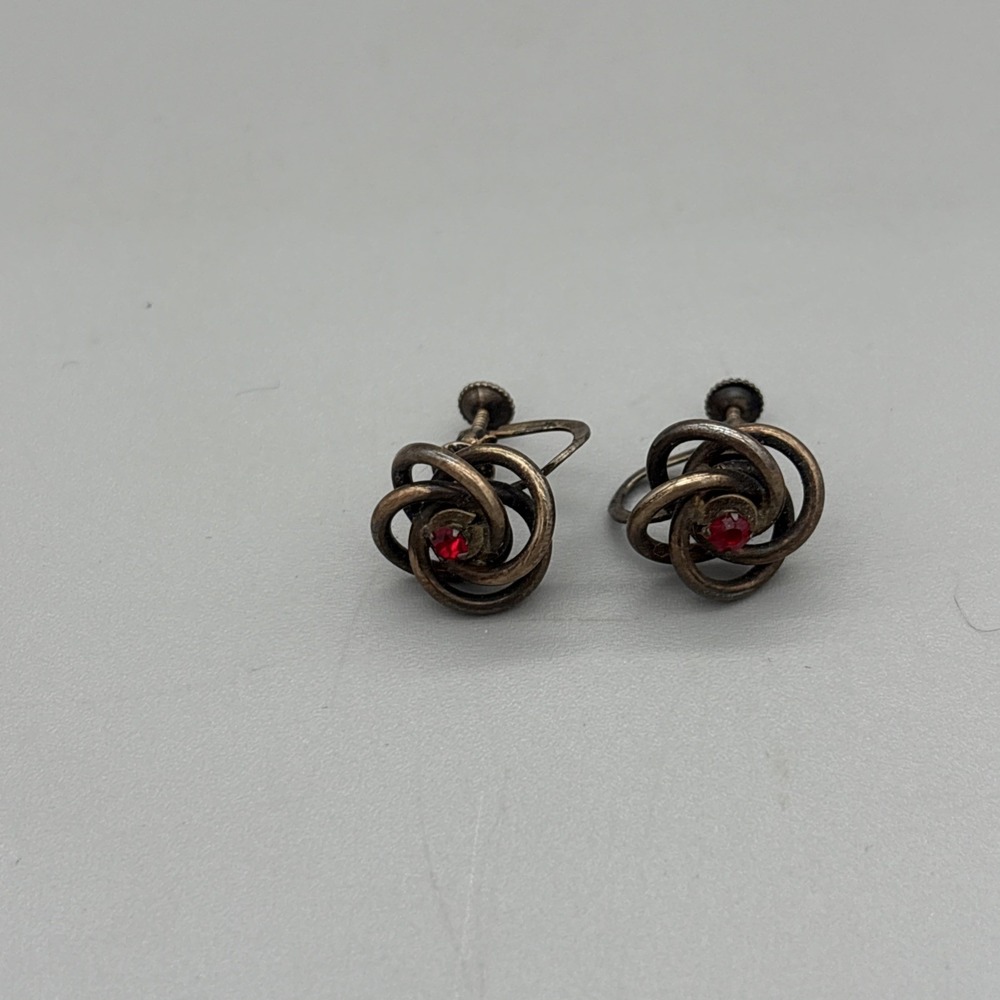 Vintage Twisted Rope 1/20 10K Red‎ Rhinestone Clip Screw Back Earrings .75"